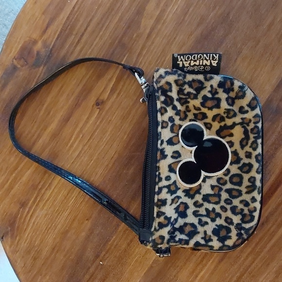 Disney World Leopard Print Soft Fuzzy Animal Kingdom Wristlet Mickey Mouse - Picture 1 of 8